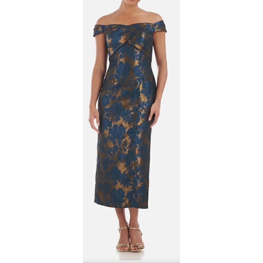 Kay Unger Sapphire Blue Gold Alessia Off Shoulder Jacquard Midi Dress NWT Size 4